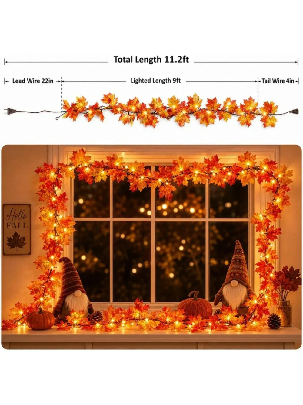9FT Plug-In Fall Garland with 50 Orange Lights - Halloween & Thanksgiving Decor